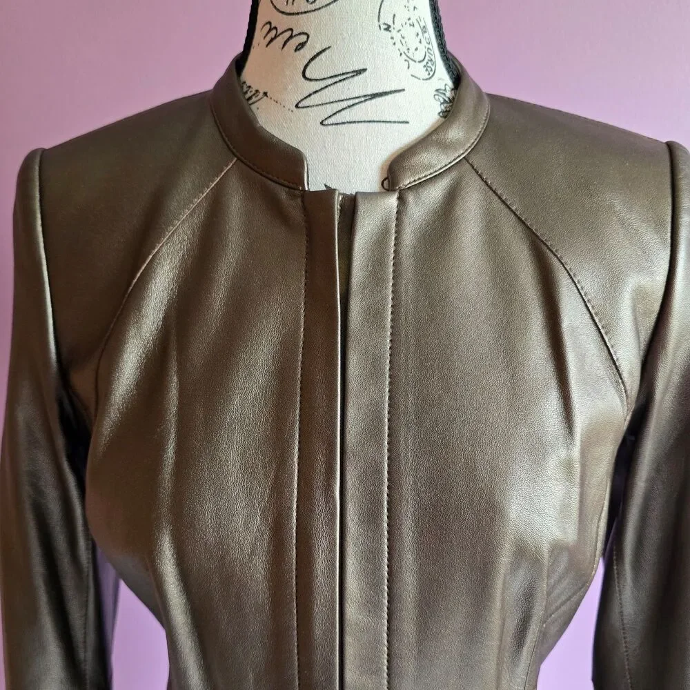 Lafayette 148 New York genuine leather brown full zip jacket blazer Sz4 - Picture 6 of 11